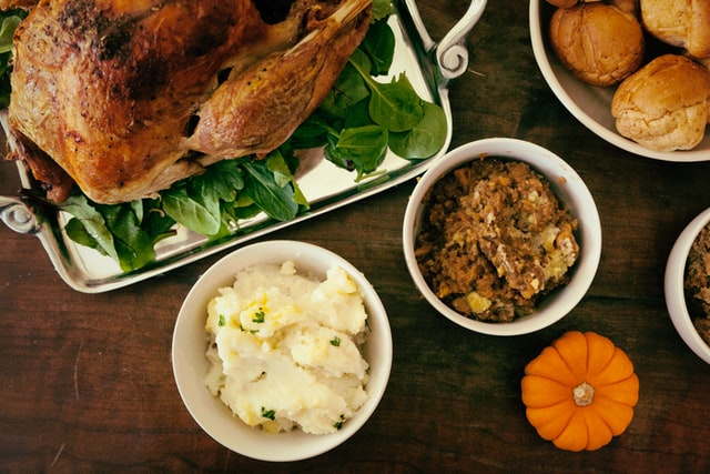 turkey, mashed potatoes, pumpkin pie